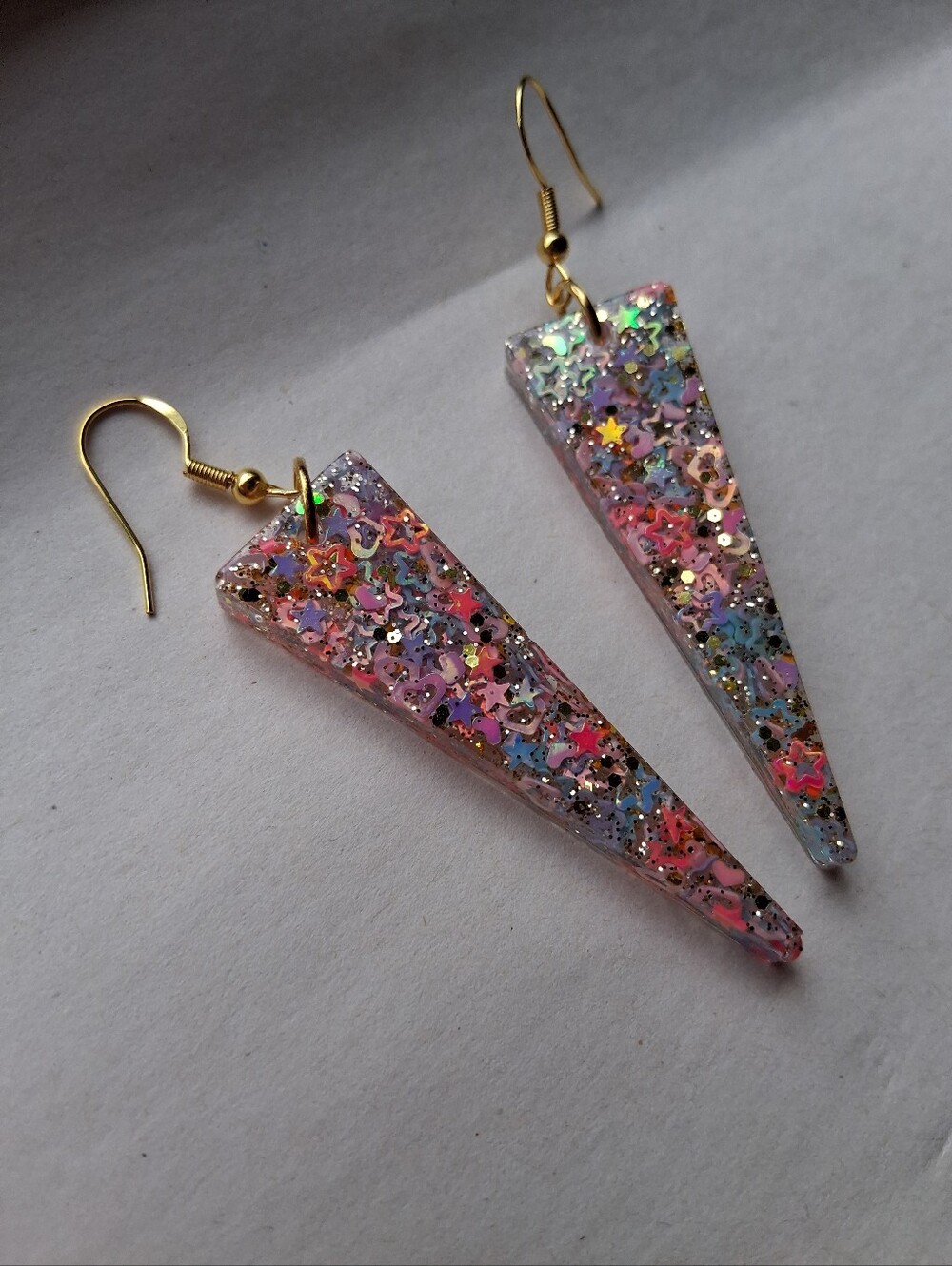 Hand Crafted Multicolor Glitter Star & Heart Triangle Drop Earrings - Picture 3 of 4